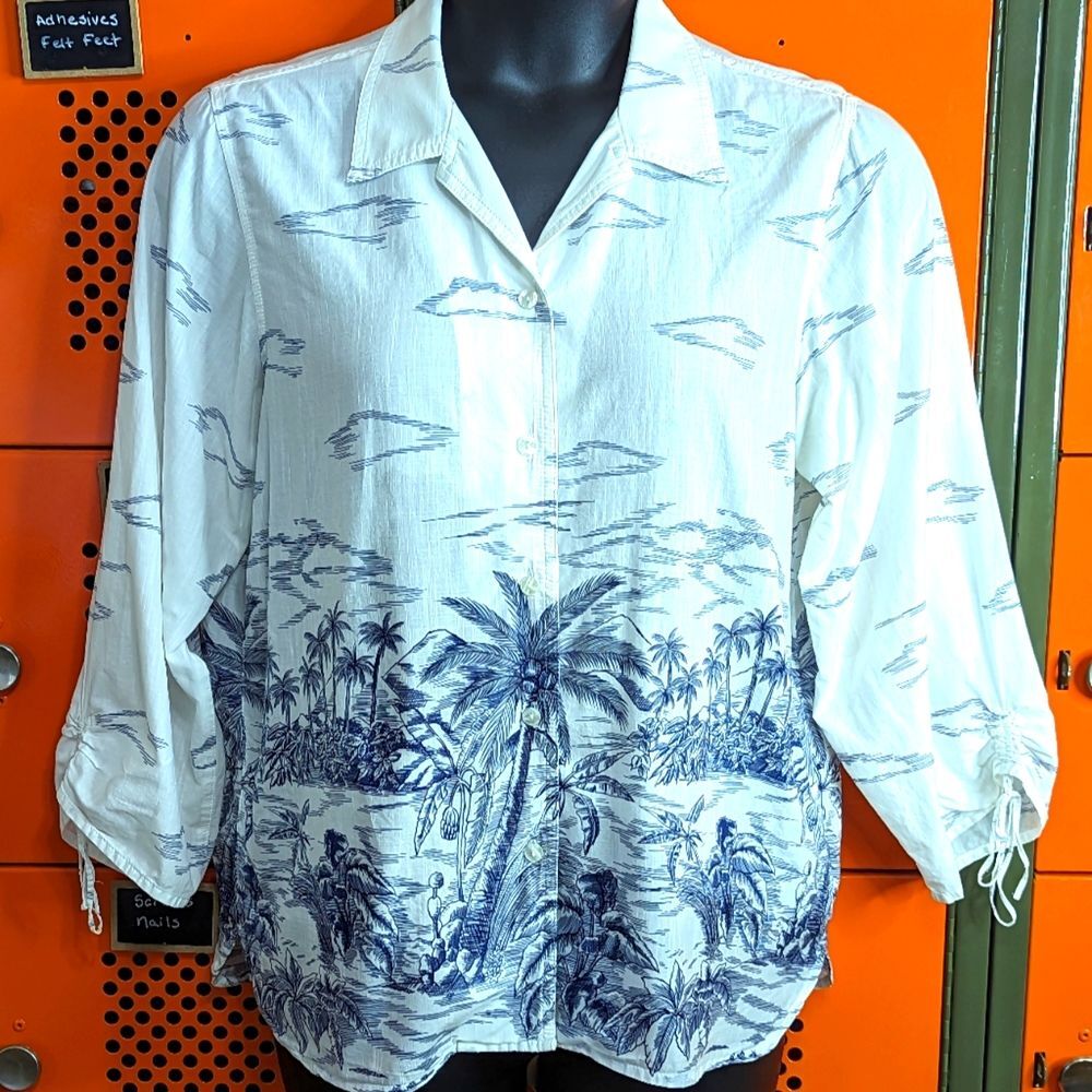 Liz Claiborne Lizwear Tropical Print Button Front Blouse White Navy Size Large